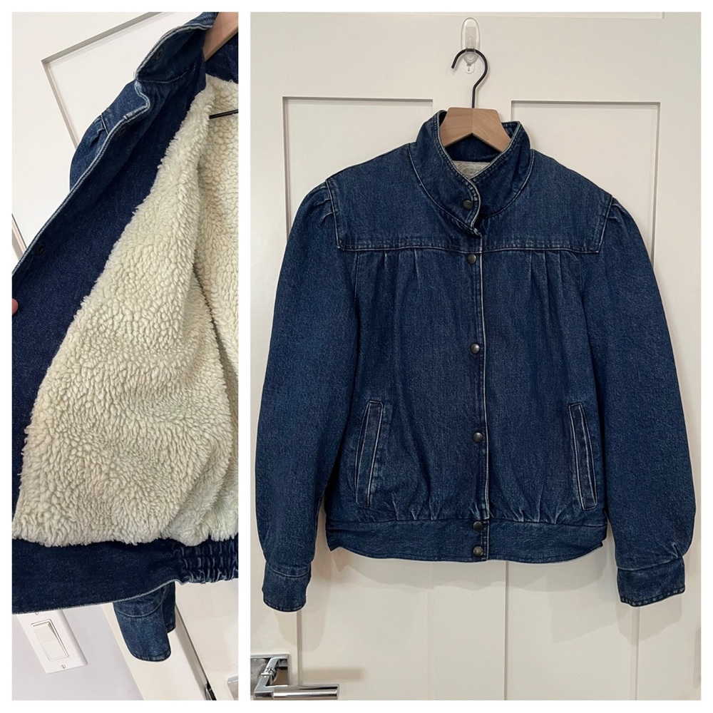 Vintage 80’s Learsi Denim Sherpa Fleece Blue Jean Bomber Moto Jacket Coat Medium